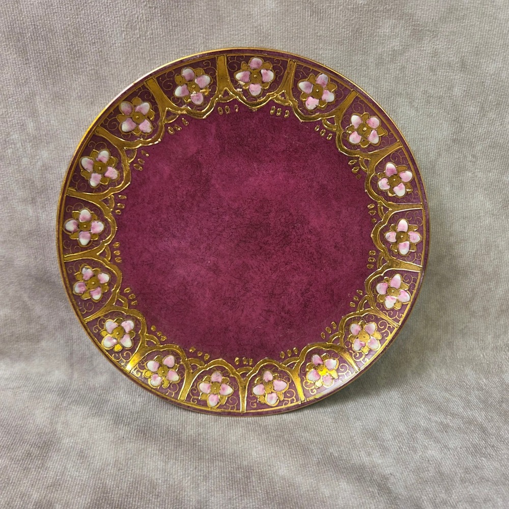 Toyo Decorative Porcelain Plate Burgundy Plum Gold Floral Scalloped Rim 7.5 Inch